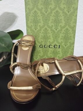 Gucci Brown Leather Slide Sandals with Gold-Wrapped Straps